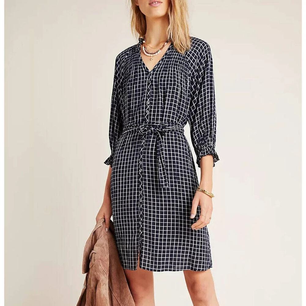 Maeve Anthropologie Sara Smocked Windowpane Plaid Tie Waist Shirtdress XS
